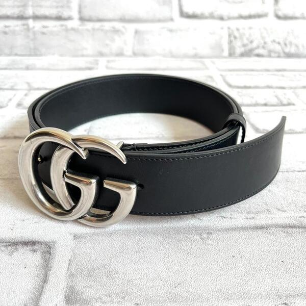 GUCCI グッチ ベルト マーモント ロゴ 金具 シルバー GG ブラック 黒 レザー 本革 訳有り