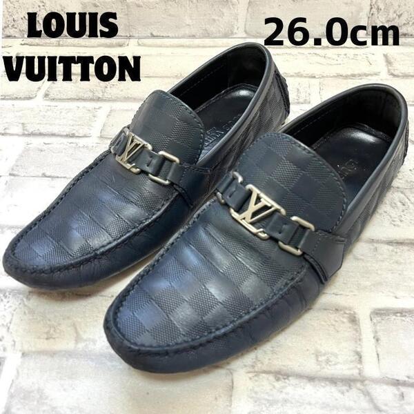 LOUIS VUITTON ルイヴィトン ローファー ドライビングシューズ ダミエ ホッケンハイム レザー ネイビー 26.0cm