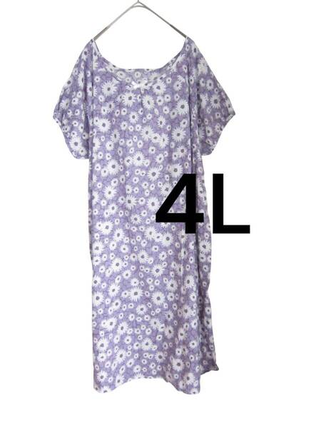 ★送料無料 A2 美品 【4L】 パープル 花柄 チュニックワンピース 涼し気生地 大きいサイズ ゆうパケットポスト