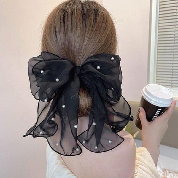 パール 付き リボン バレッタ 黒 大きめ ヘアクリップ 韓国 シアー ブラック 可愛い 髪留め ヘアアクセサリー おしゃれ