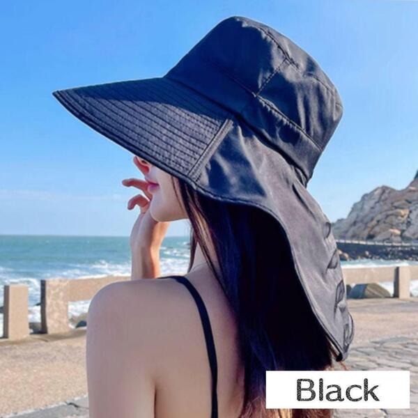 つば広 帽子 レディース ブラック UVカット 紐付き 日除け 折りたたみ 黒 ハット 日焼け防止 深め 紫外線 サンバイザー