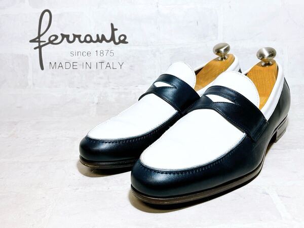 イタリア製【極美品】Ferrante フェランテ 最高級 2トーン コンビシューズ 白×紺 ローファー レザー UK5.5(約24cm)メンズ 紳士靴