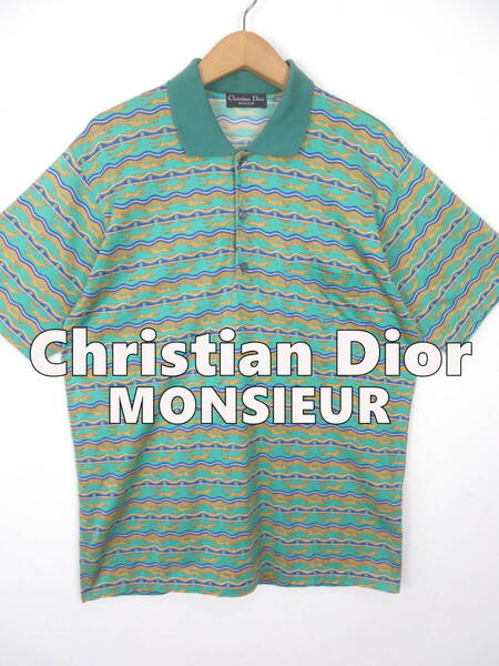 ヴィンテージ クリスチャンディオール イタリア製 総柄 ポロシャツ L ★ Christian Dior MONSIEUR メンズ ボーダー 半袖 80s 90s オム