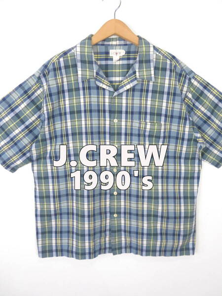 90s J.CREW 巨人タグ オープンカラー マドラスチェック 半袖シャツ L ★ Jクルー アメリカ USA 古着 オールド メンズ ボックスシルエット