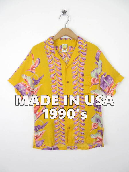 80s 90s USA製 レーヨン オープンカラー 半袖 アロハシャツ M ★ ボーダー柄 開襟 マスタード アメリカ製 ヴィンテージ メンズ レディース