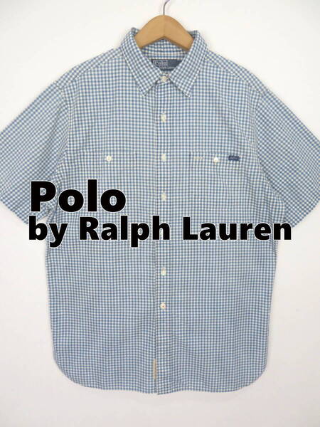ポロバイラルフローレン マチ付き スタンプ 半袖 ワークシャツ L ★ Polo by Ralph Lauren ギンガムチェック オールド メンズ ビンテージ