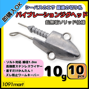 【送料無料】バイブレーションジグヘッド 鉛無垢 ソリッド仕様 10g 10個セット スイミングジグヘッド VJ風 シーバスルアー ワーム