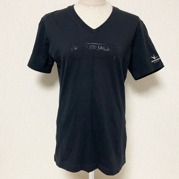 即決☆1piu1uguale3 ウノピュウノウグァーレトレ Vネック Tシャツ ラインストーン ロゴ カットソー ブラック M 美品