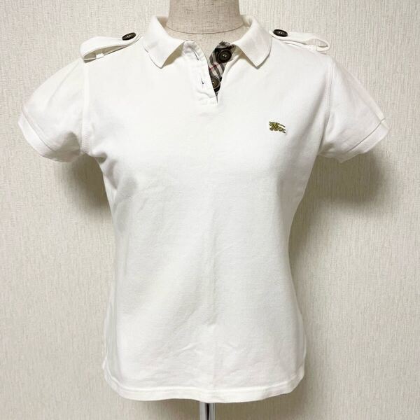即決☆BURBERRY LONDON バーバリー ロンドン エポーレット ノバチェック ポロシャツ ホワイト M ロゴ ホース 刺繍 カットソー トップス