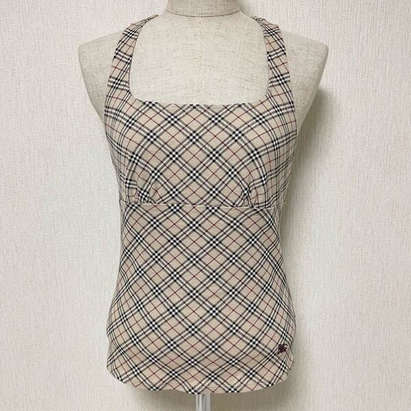 即決☆BURBERRY バーバリー ブルーレーベル ホルターネック タンクトップ ノバチェック リボン ロゴ ホース 刺繍 38 M ベージュ