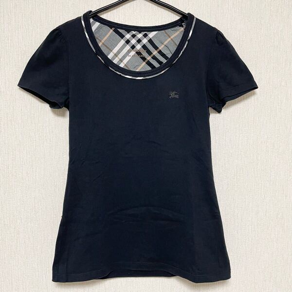 即決☆BURBERRY バーバリー ブルーレーベル ノバチェック パフスリーブ Tシャツ ロゴ ホース 刺繍 カットソー トップス 38 M ブラック 半袖