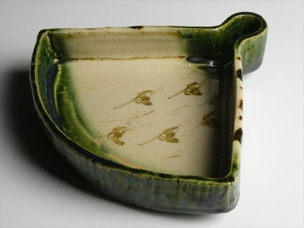 N676 三代 北大路魯山人 北大路泰嗣 作 織部 扇面 大型 向付 鉢