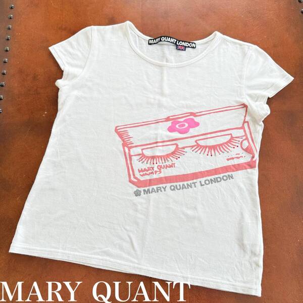 MARY QUANT マリークワント コスメ つけまつげ ラインストーン シルバー ロゴ ラメ ホワイト ピンク フレンチスリーブ Tシャツ M 38 Y2K