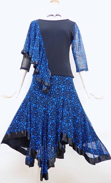 ③25F27★美品★Mサイズ★3点セット/黒/青/花柄/イレギュラー/セットアップ/スタンダードドレス☆社交ダンス/モダン/パーティー