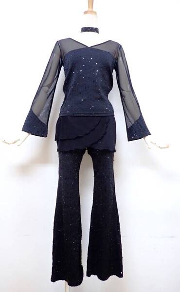 ③25F03★美品★Mサイズ★黒/スパンコール/トップス&パンツ/セットアップ/スタンダードドレス☆社交ダンス/モダン/パーティー