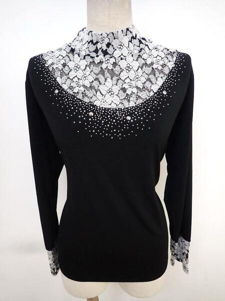 ⑤25F16★美品/ L /黒×白花柄/ジルコン/トップス★社交ダンスY5081