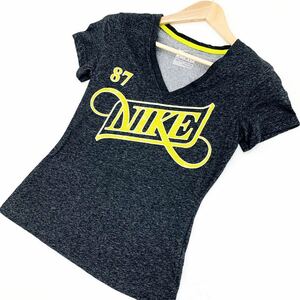 ■ナイキ NIKE 【レディース Vネック♪】【かわいいデザイン】DRI-FIT ドライフィット チャコールグレー 半袖Tシャツ Mサイズ■G