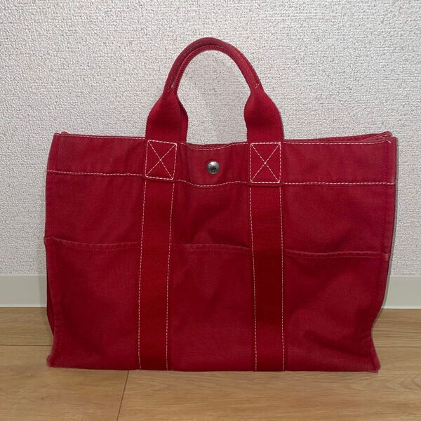 エルメス フールトゥ MM エールライン トートバッグ 赤 大容量 キャンバス HERMES ハンドバッグ