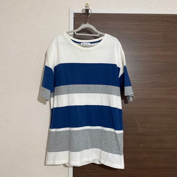 グローバルワーク メンズ Tシャツ 半袖 ボーダー ホワイト ブルー グレー L トップス クルーネック 半袖シャツ 白