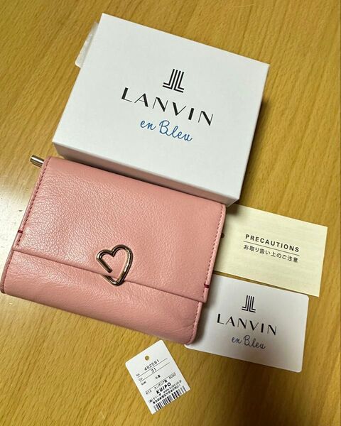 新品未使用品 LANVIN en Bleu 三つ折り財布 ピンク ハートチャーム ロシェ Lファスナー