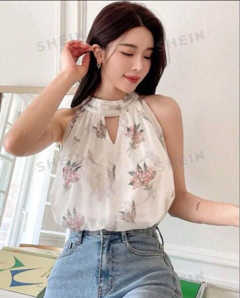 新品未使用/DAZY 花柄スタンドカラー ノースリーブレディースブラウス