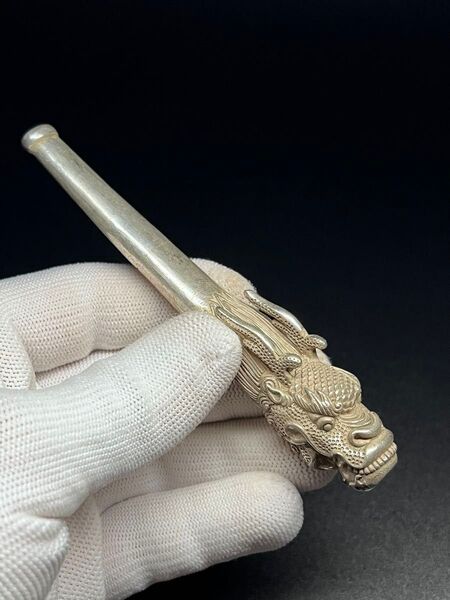 中国古美術 収集品 白銅 細工制 龍紋 煙管 煙道具 美品