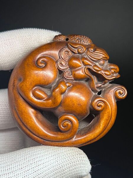 中国古美術 黄楊木 本物拓植 瑞獣 金運 財運 縁起物 置物 細工 コレクション