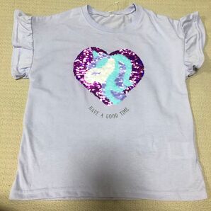 120cm リバーシブルスパンコール袖フリル女の子ユニコンTシャツ 新品