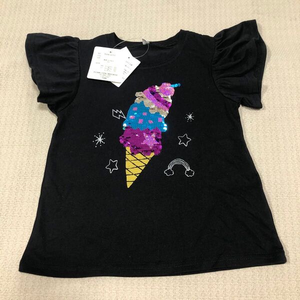 110cm 女の子リバーシブルスパンコール袖フリルTシャツ 新品