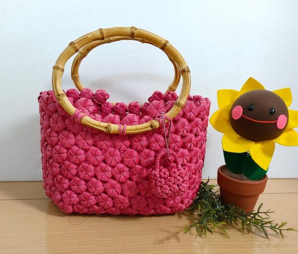 クラフトバンド 花結びのお散歩ミニかごバッグ《野ばら》