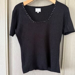 【EMMA JAMES 】ブラック ビーズ装飾 ラメ生地 半袖ニット 美品 M ブラック カットソー 黒 トップス