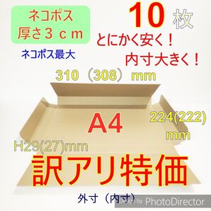 訳アリ!! 発送用10枚ネコポス最大サイズ 厚さ3㎝ 対応A4 ダンボール箱