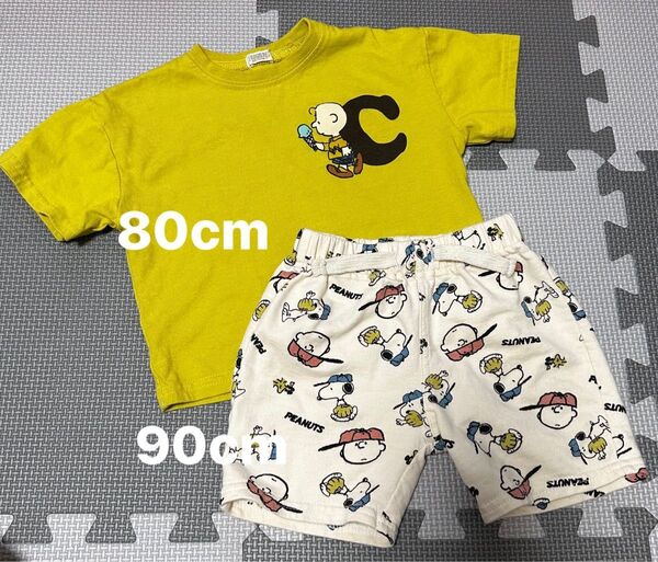【美品】スヌーピー peanuts セットアップ ベビー キッズ 上下セット 80cm 90cm 半袖Tシャツ ハーフパンツ