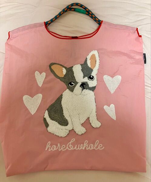 刺繍エコバッグ ブルドッグ犬 ナイロントートバッグ ピンク