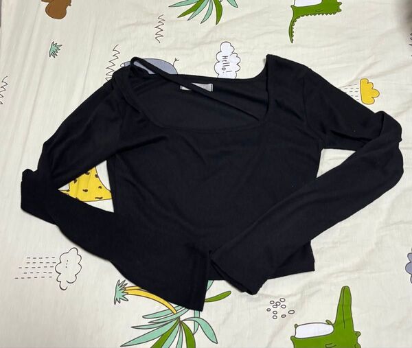 黒 長袖 クロップドトップス 韓国系 夏服 流行り 着痩せ カットソートップス M ブラック 長袖 黒 カットソー Tシャツ