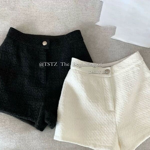 ツイード ハイウエストショートパンツ ホワイト 韓国系 夏服 流行り 着痩せ ボトムス ミニ ひざ丈 ツイード