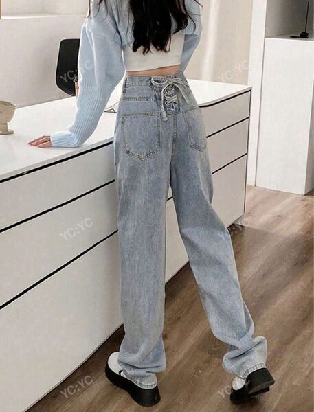 レースアップバックデザインデニムパンツ バックリボン デニムパンツ デニム パンツ デニムパンツ ワイドパンツ ストレート