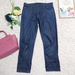 UNIQLO ユニクロ ジーンズ(26インチ)ネイビーブルー ビンテージ感 ミドルライズ テパード スリムボーイフレンド