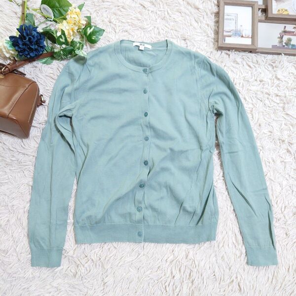 UNIQLO ユニクロ 長袖 カーディガン(M)グリーンブルー 綿100% シンプル カジュアル オフィスカジュアル
