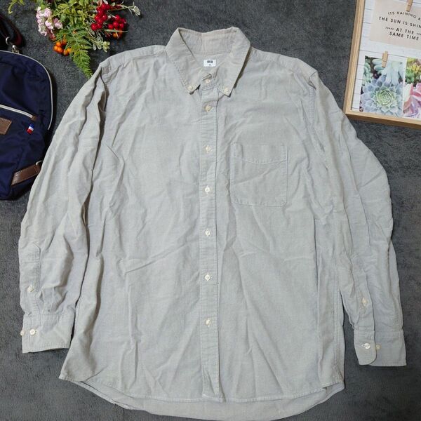 UNIQLO ユニクロ 長袖シャツ(XL)グレー 綿100% シンプル カジュアル オフィスカジュアル