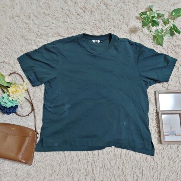 UNIQLO ユニクロ エアイズム Tシャツ カットソー(M)鉄納戸色 グレー+青緑 シンプル カジュアル 涼しい