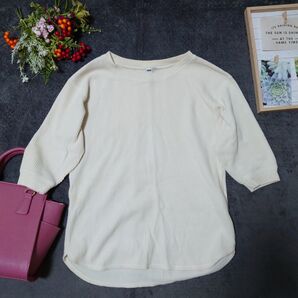 ユニクロUNIQLO カットソー (S)アイボリー 5分袖 シンプル カジュアル ワッフル生地