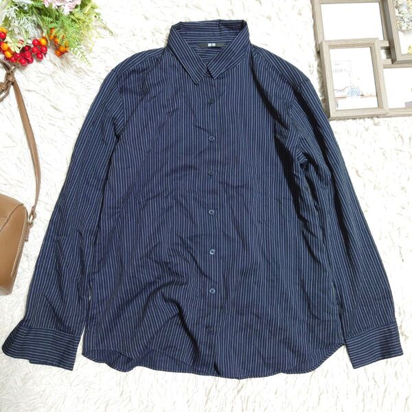 【美品】ユニクロ UNIQLO 長袖 シャツ ブラウス(S)ネイビー 白 ストライプ シンプル カジュアル オフィスカジュアル