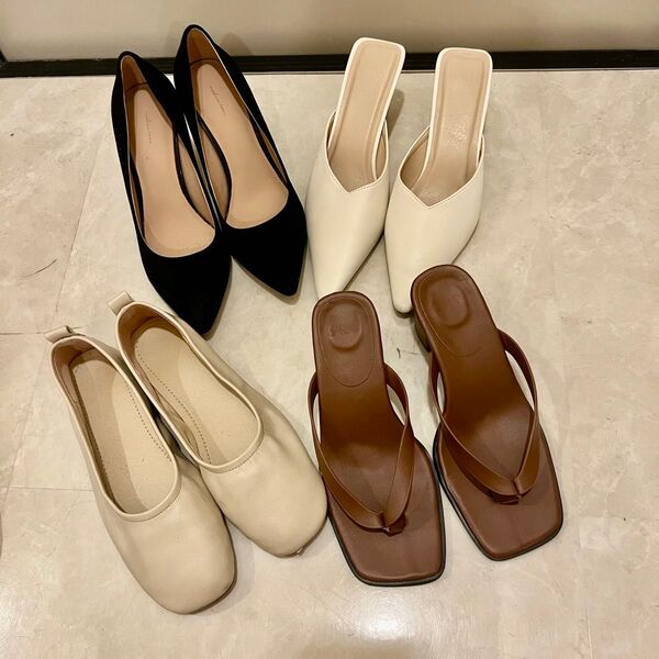 スクエアトゥトングサンダル Vカットミュールサンダル パンプスまとめ売り 革靴シューズ ブラック 4足セット