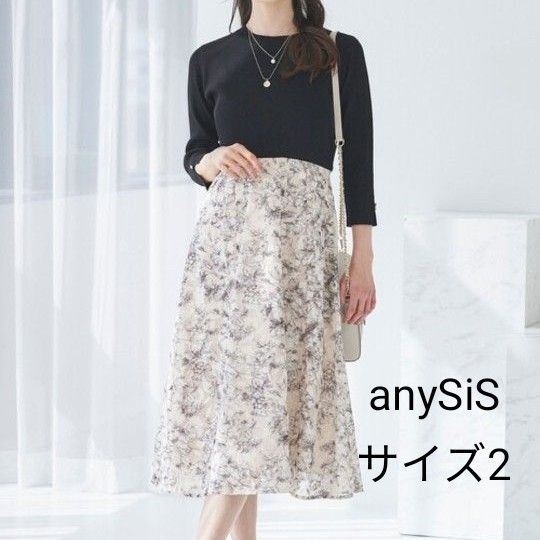タグ付 anySiS【洗える】フラワープリントドッキングニット ワンピース 2 M