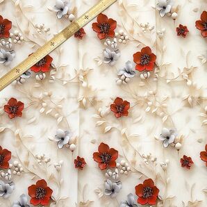 D72 3D立体プリント生地 花柄 赤花白葉 コットン100%生地 ハギレ 生地 ハンドメイド 輸入生地