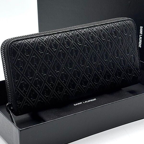 希少 極美品 箱袋付 サンローラン モノグラム YSL ラウンドファスナー 黒
