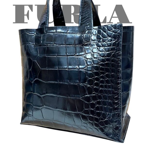 美品 フルラ トートバッグ ハンドバッグ クロコ型押し レザー 黒 FURLA 肩掛け クロコダイル ブラック ビジネス