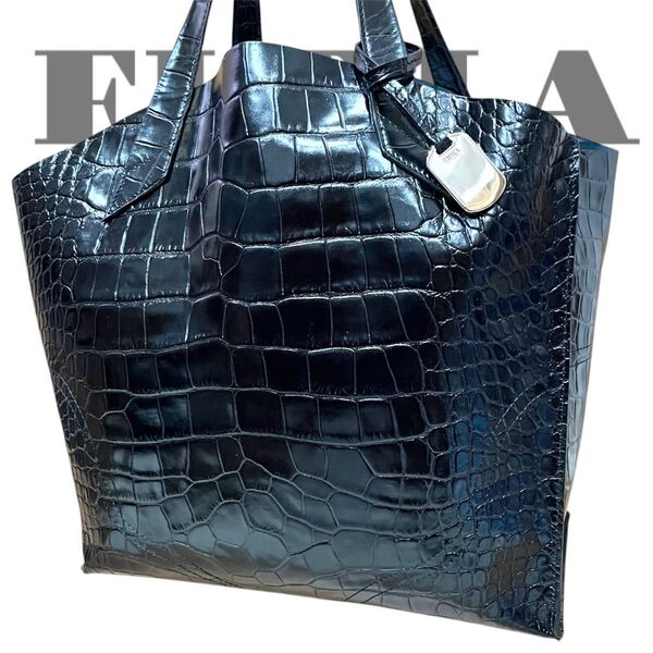 フルラ トートバッグ ハンドバッグ クロコ型押し レザー A4 黒 FURLA 大容量 ビジネス