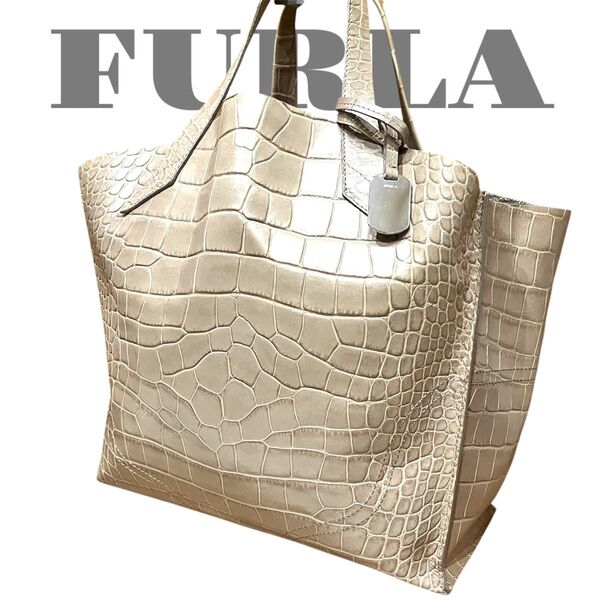 フルラ トートバッグ ハンドバッグ クロコ型押し レザー A4 ベージュ 大容量 FURLA A4収納 肩掛け ビジネス